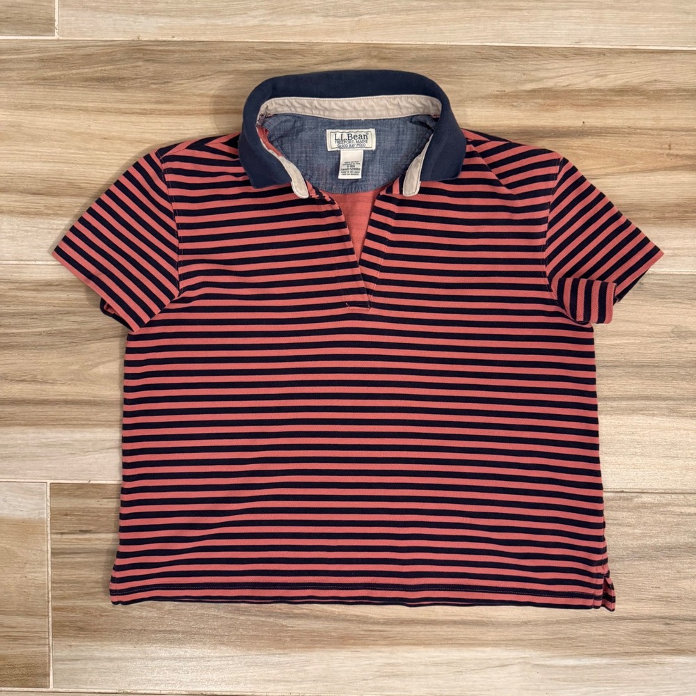 LL Bean Casco Bay Polo Shirt Womens Small Pink Navy Striped Cotton Short Sleeve